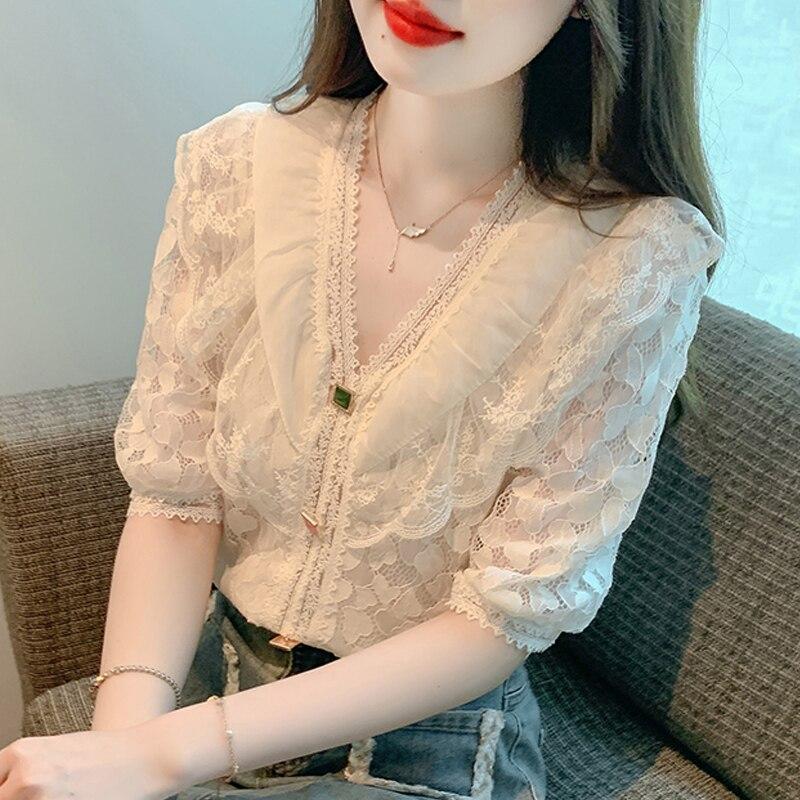 

Summer Elegant Lace Chiffon Blouse And Shirt For Women 2026 Casual Ruffle Short Sleeve Top Sweet Ladies Loose Button Shirt 27045 XL абрикосовий