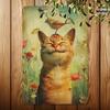Charming Cat and Bird Vintage Metal Wall Art Sign - Whimsical Orange Tabby Cat with Flower Crown, Retro Iron Decor for Home, Off