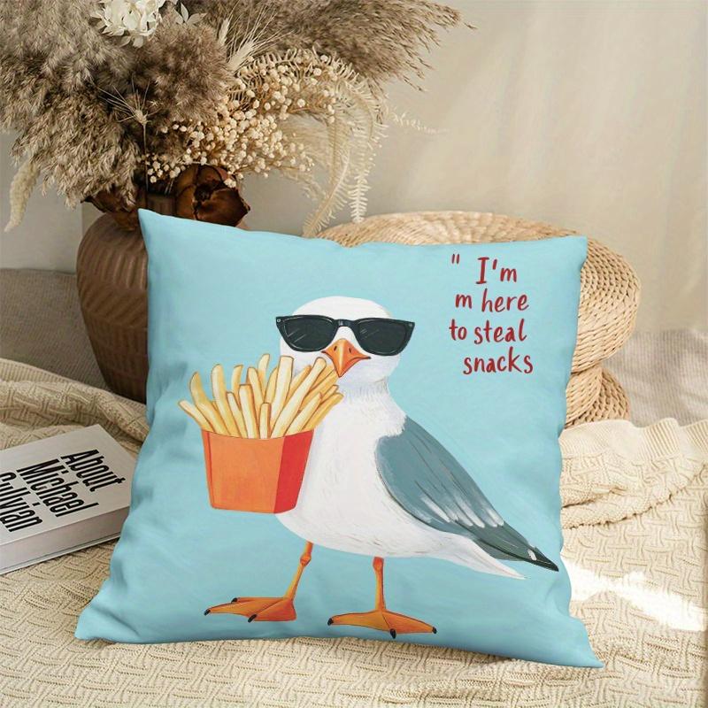 1 Pieza Funda de Almohada Divertida de Gaviota Azul Claro Con Gafas de Sol, Poliéster Impresión a Doble Cara, Lindo Dibujo Animado de Ave Costera y Patatas Fritas, Ca