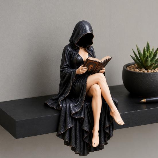 Statua Decorazione Casa Letteraria Gotica Lettore, Statuetta Scheletro Incappucciato in Resina, Statua Seduta con Libro Display Unico per Libreria, Scrivania Biblioteca