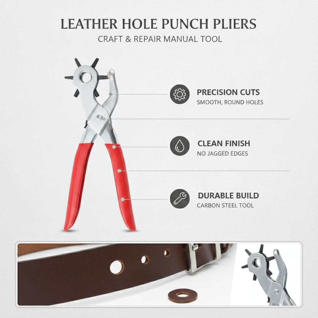 Manual Leather Hole Punch Pliers - Carbon Steel Belt Punch Tool for Crafting, Repair Straps - 8.5 Inch Heavy Duty Hand Tool (1 Pack)