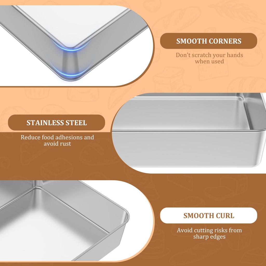 2Pcs Stainless Steel Rectangle Baking Tin with Plastic Lid Deep Side Rectangular Cake Pan 11.2''×8.8''×2.5'' Baking Cake Mold