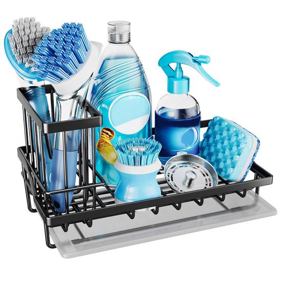 Kitchen Sink Sponge Holder with Drip Tray Stainless Steel Sink Caddy Organizer Non-Slip Pads Countertop Storage for Sponges Dish Soap Brushes