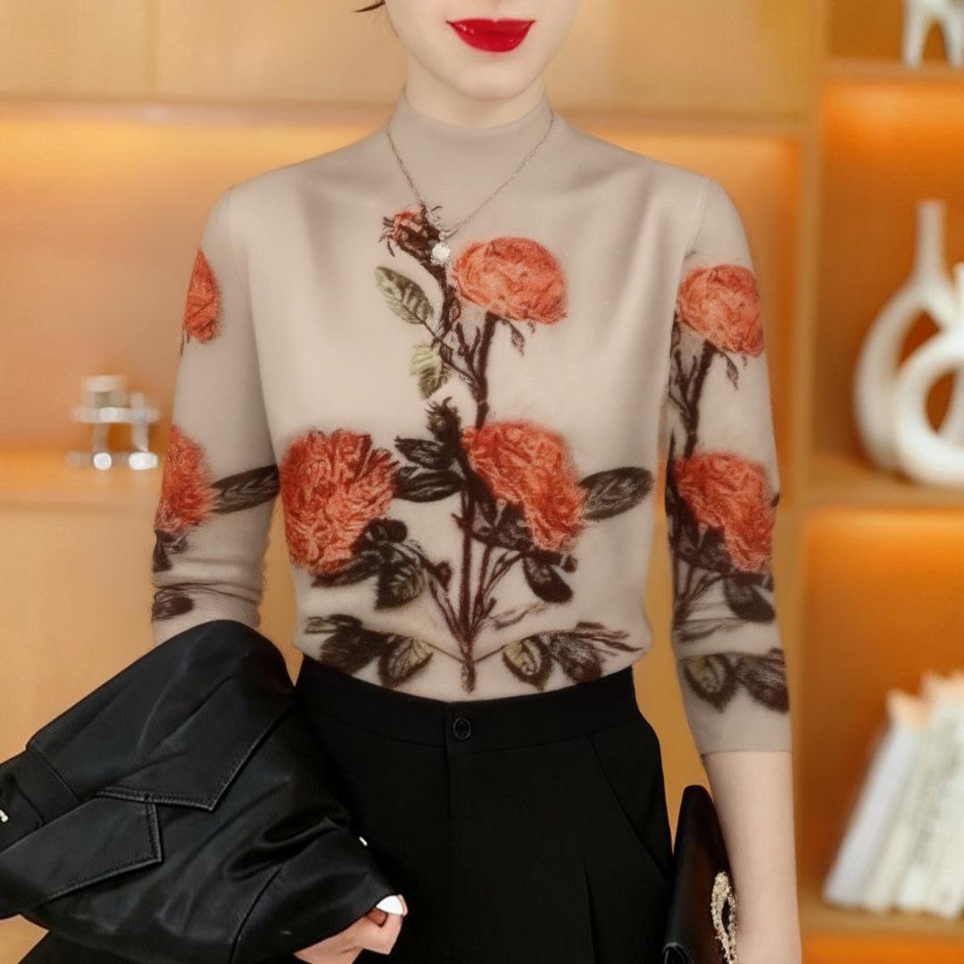 

Clearance: Floral Print Plus Velvet Long-Sleeve Base Layer for Middle-Aged & Elderly Women, Semi-High Collar Top 2XL