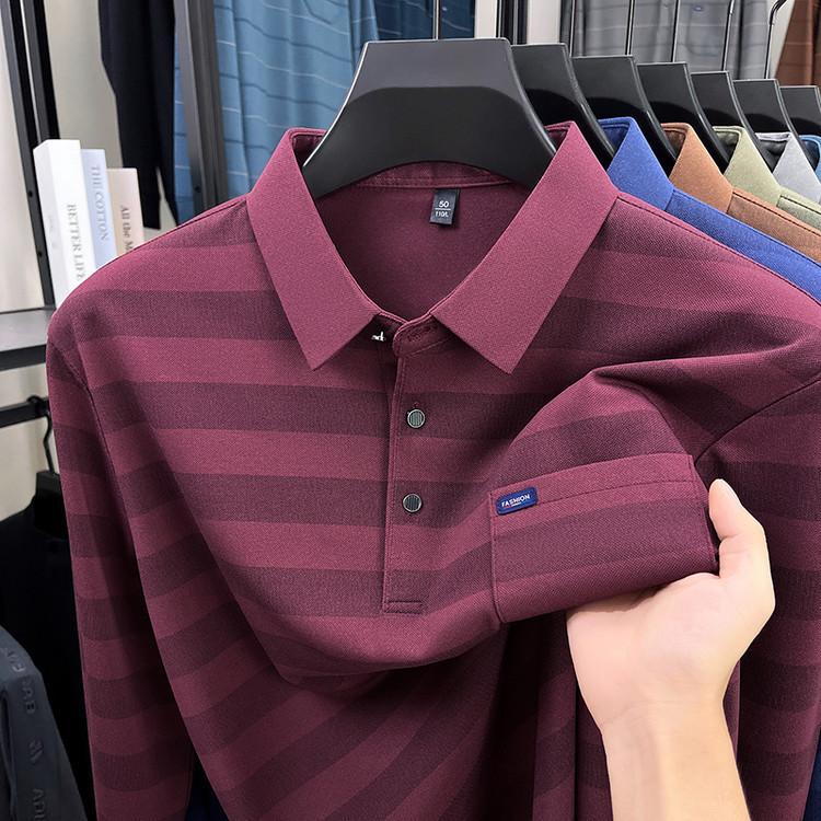 Autumn Men s Long Sleeve Polo Shirt Striped Lapel Collar Fashion Casual M