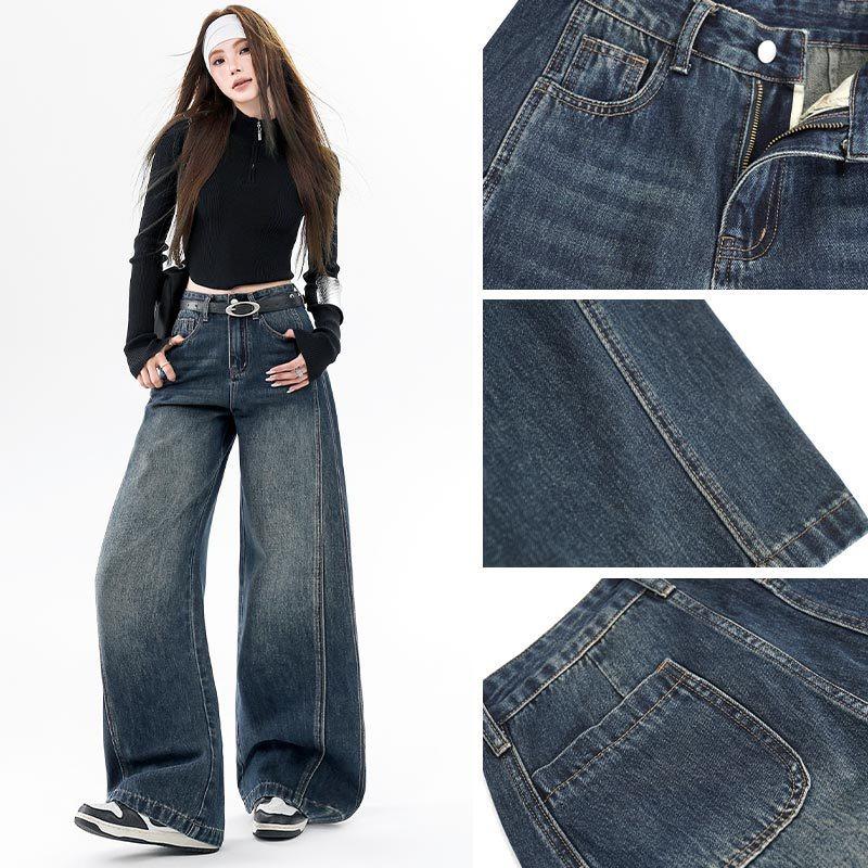 Retro blue scimitar wide-leg velvet jeans women's autumn and winter, new high-waisted loose straight pants