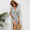 2025 Summer New Women's Batwing Sleeve Deep V Waist Trimming Printing Dress Beach Vacation Dress