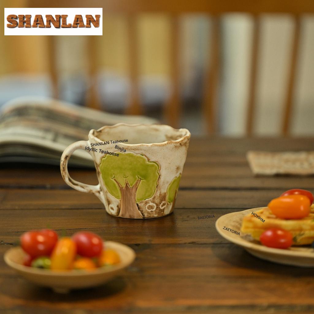 HOYIHM 250ml Hand-painted Green Tree Coffee Mug With Plate Handmade Kitchen Cup Afternoon Tea Mug Cup Saucer Kit Drinkware Gifts