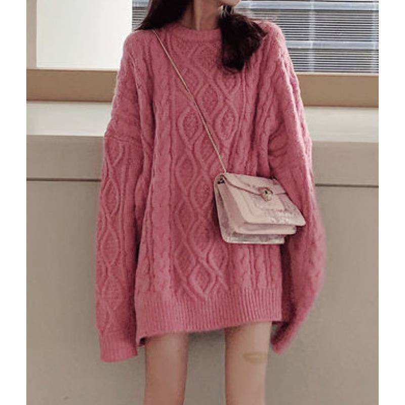Wear a twist pink sweater for women's lazy style autumn and winter new soft waxy loose crew neck sweater for women's high sense
