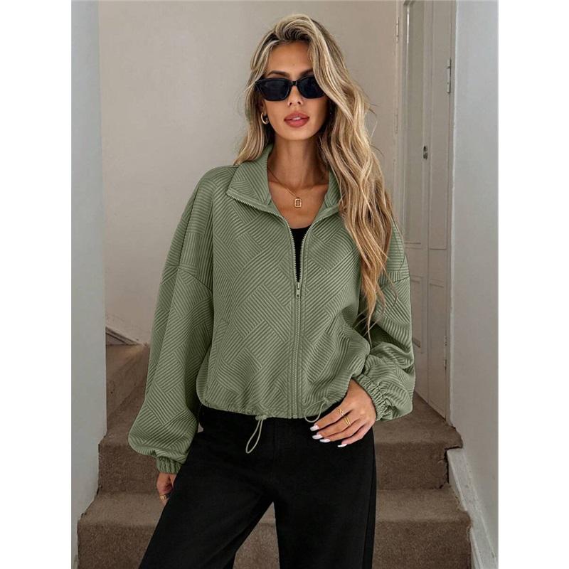 Womens Winter Coat High Neck Zip Drawstring Hem Pocket Loose Baseball Jacket For Fall And Winter Casual Style Outerwear