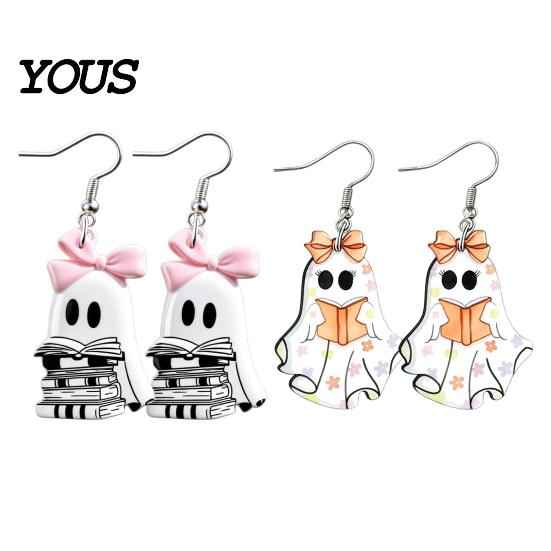 Fun Festival Jewelry Cute Reading Ghost Earrings, Sweet Bowknot Drop Polished Acrylic Charms Lightweight Halloween for Women Girls Decorative Holiday