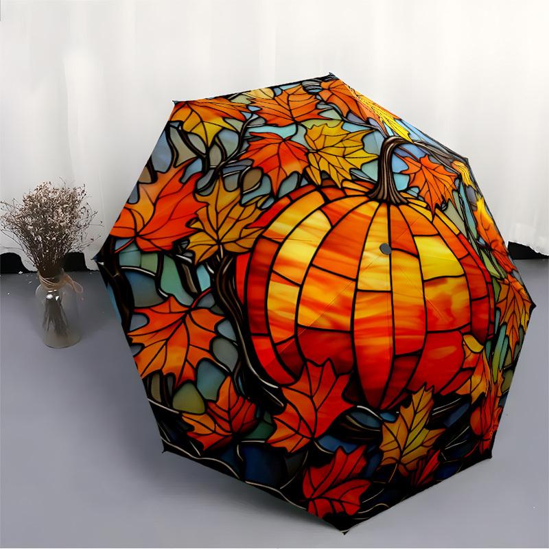 1pc Autumn Leaves Pumpkin Auto Folding Umbrella, Sturdy And Durable Automatic Folding Umbrella with 8 Ribs, Convenient for Outdoor Use125