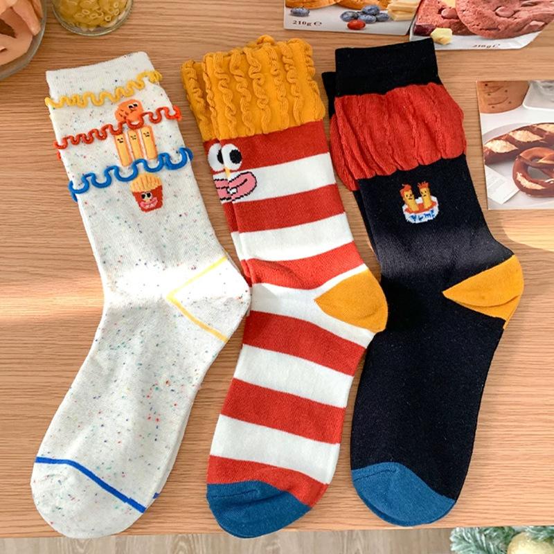 Socks Girls Are Cute And Funny, Cartoon Fries, Socks, Striped Socks, Pure Cotton Socks, Piles Of Socks