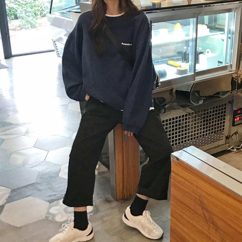 Alphabet Sweatshirt Women's Thin Loose Top Crew Neck Student Casual Pullover