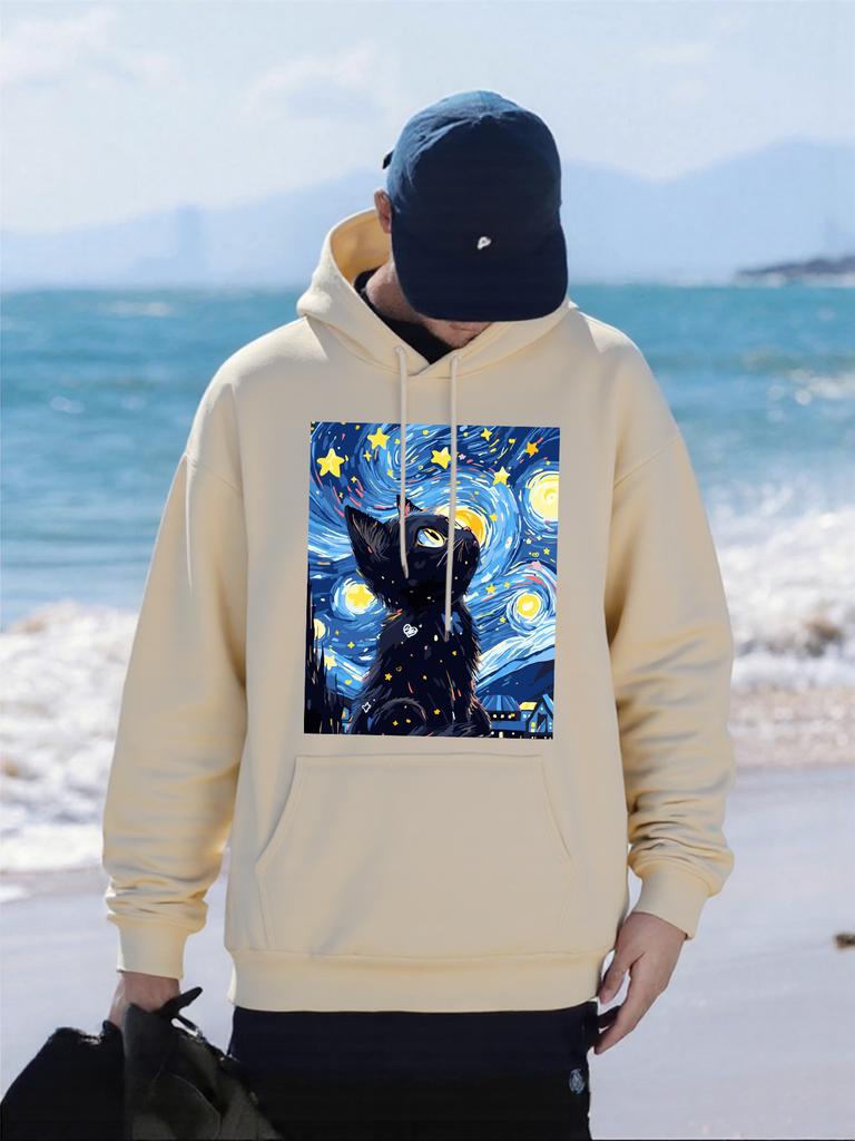 Colorful Oil Painting Cat Printing Men Hoodie Autumn Pocket Streetwear Loose Fleece Pullover Multicolor All-Match Male Hoody