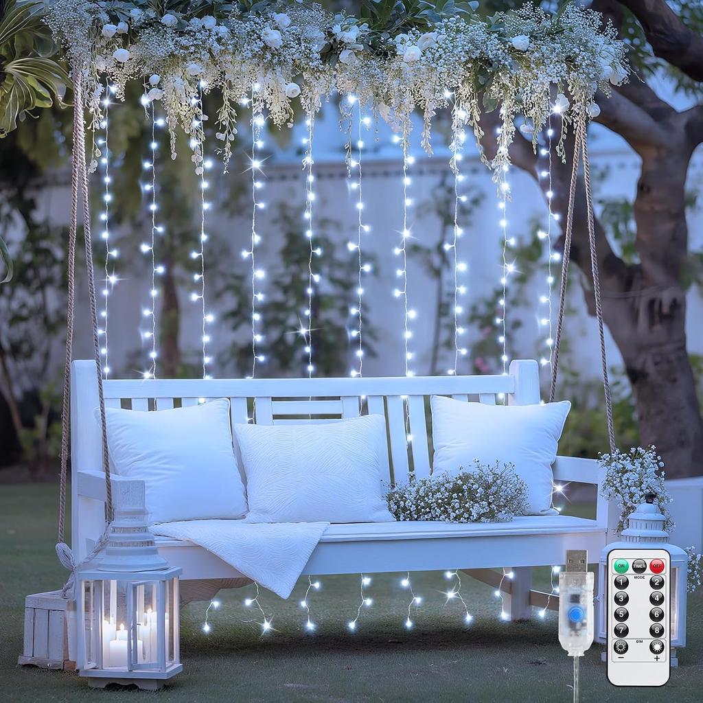 JMEXSUSS 300 LED Remote Control Curtain Lights, Plug in Fairy Curtain Lights Outdoor, Window Wall Hanging String Lights for Bedroom Indoor Dorm