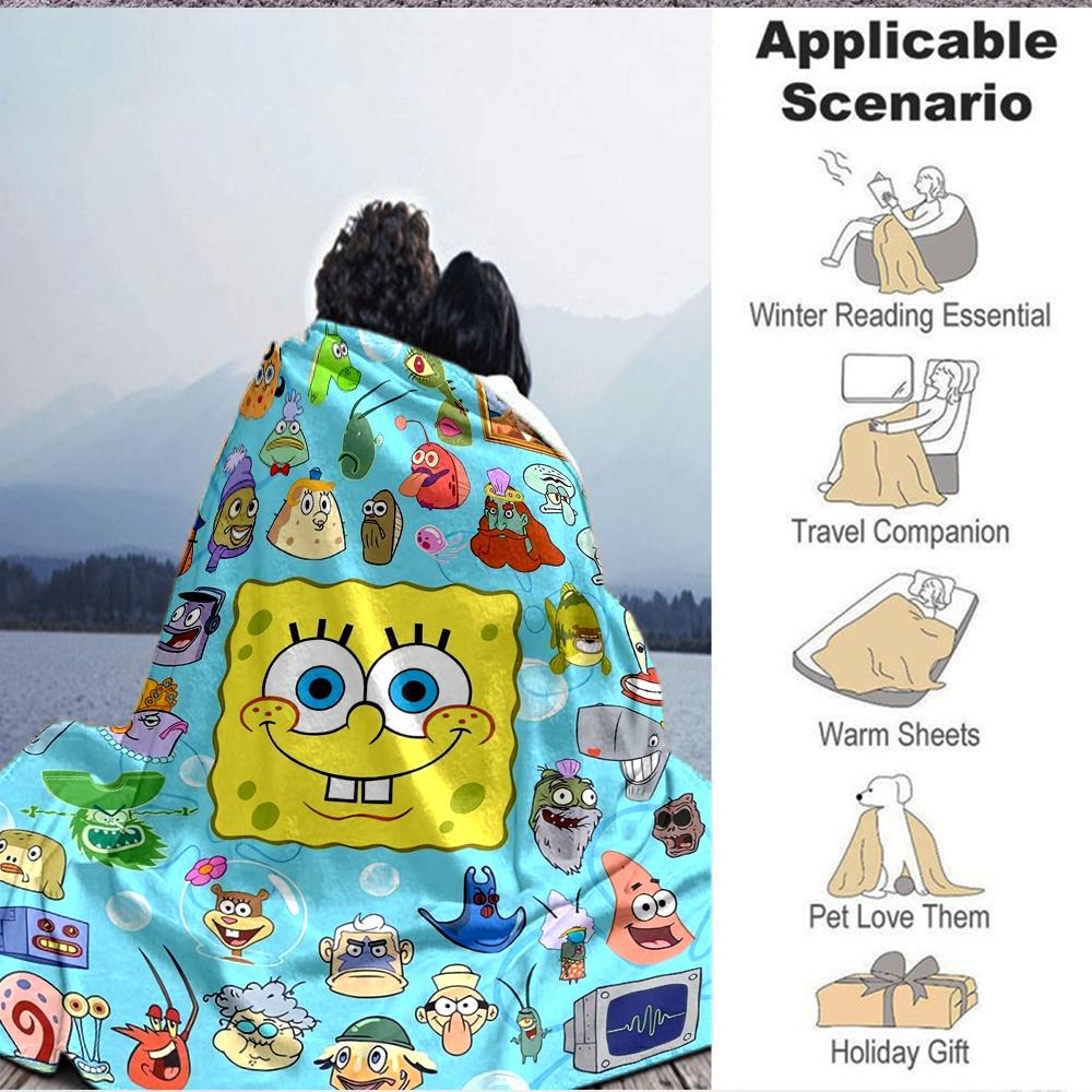 1Pc Spongebob Squarepants Characters Flannel Blanket, Soft And Comfortable, Casual Warm, Camping Travel, Christmas, Halloween Xmas Gift L131