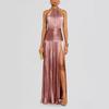 Women's Halter Neck Metallic Pleated Deep Slit Backless Maxi Party Dress