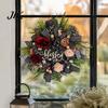 Leopard Print Autumn Wreath Fall for Front Door, Artificial Floral with Peony Decoration Blessed Sign, Faux Flower Wall Hanging Decor Thanksgiving