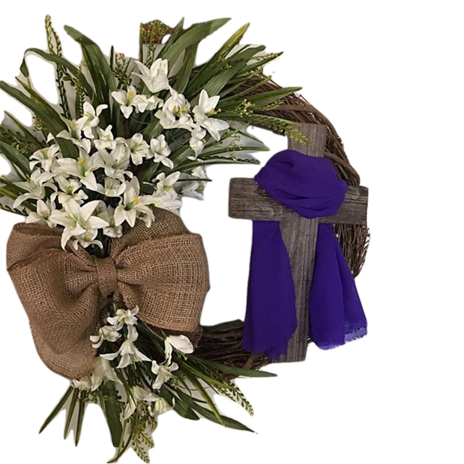 Easter Cross Wreath Easter Front Door Wreath Cross 20cm Easter Wreath with Cross Burlap Bow Hanging Decoration