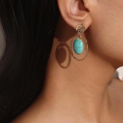 Temperament Retro Style Earrings National Style Simple Imitation Turquoise Geometric Pendant Gold Set Sapphire Earrings