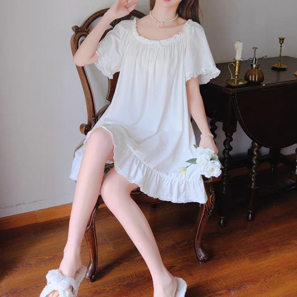 Short Sleeve Women's Pajama Dress Loose Princess Nightgown Casual Ruffle Nightdress  Home