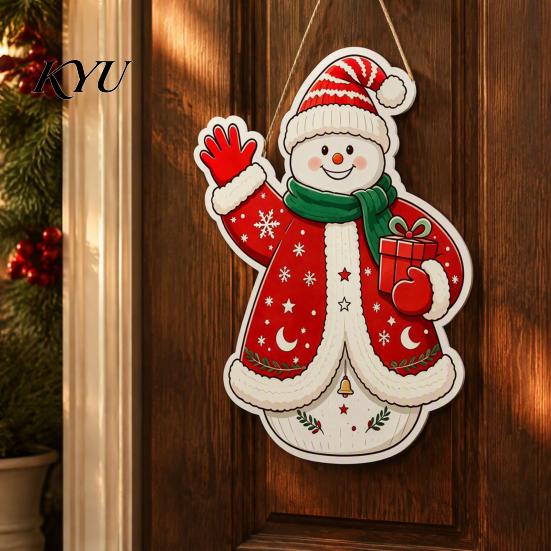 Festive Porch Signs Wooden Christmas Hanging Pendant, Cartoon Welcome Sign for Front Door, Snowman Wall Art Decor with Cute Snowman/Bear/Penguin/Cat
