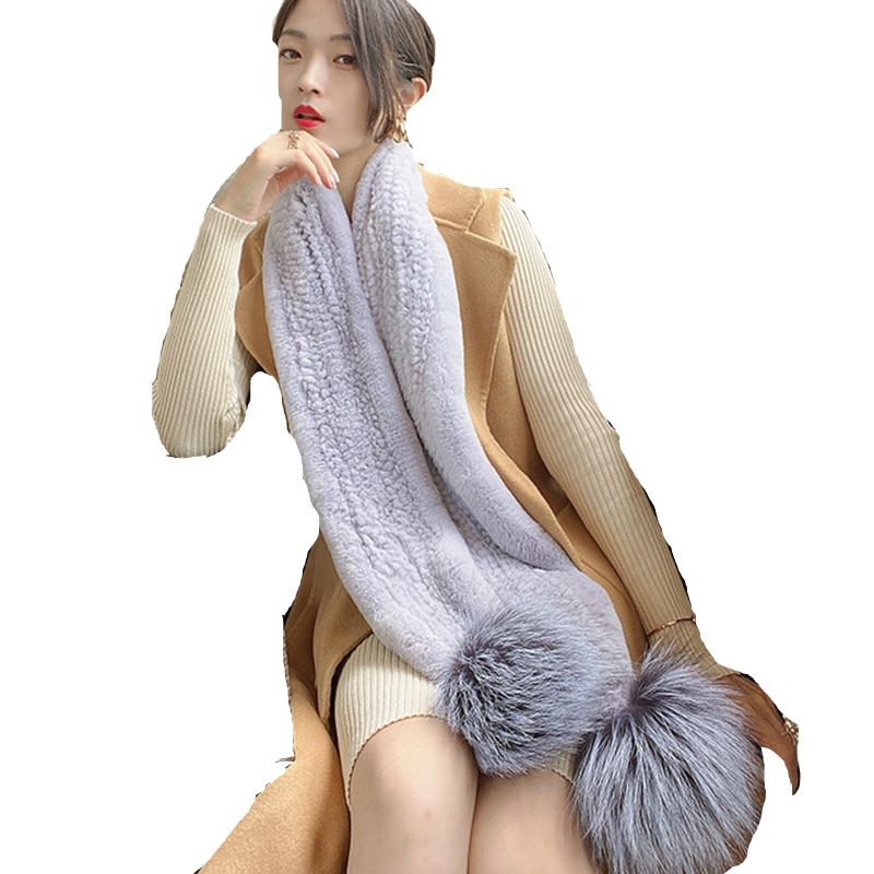 Luxury New Rex Rabbit Fur Long Scarf Mufflers Soft Thick Shawl Neck Ring for Women Silver Fox Fur Pompoms for Winter