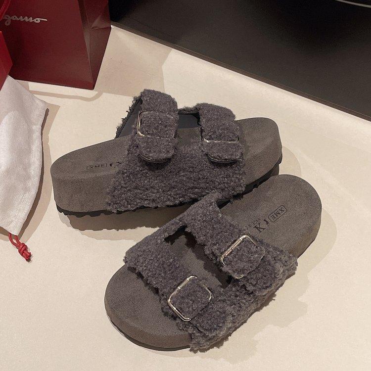 Fashion Women's Outdoor Plush Shoes Autumn New Buckle Strap Non Slip Casual Flats Comfortable Height Increase Fashion One Word Slippers