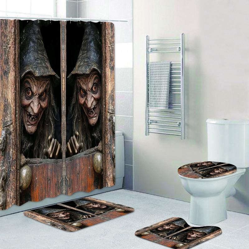Gruseliger Halloween-Duschvorhang mit Hexenmotiv, wasserdicht, rutschfest, inklusive WC-Vorleger und 12 Haken, Heimdekoration