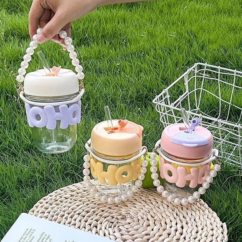 

350ml Cute Cartoon Letter Straw Cup Cute Water Bottle For Girls Leakproof Drinking Cup For Outdoor Travel With Pearl Bracelet