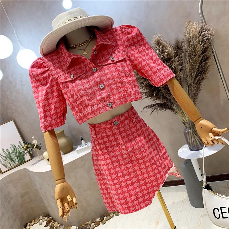Mode Hahnentritt Anzug Damen Sommer Kurzarmhemd Unregelmäßiger High-Waist Halbrock Zweiteiliger Anzug