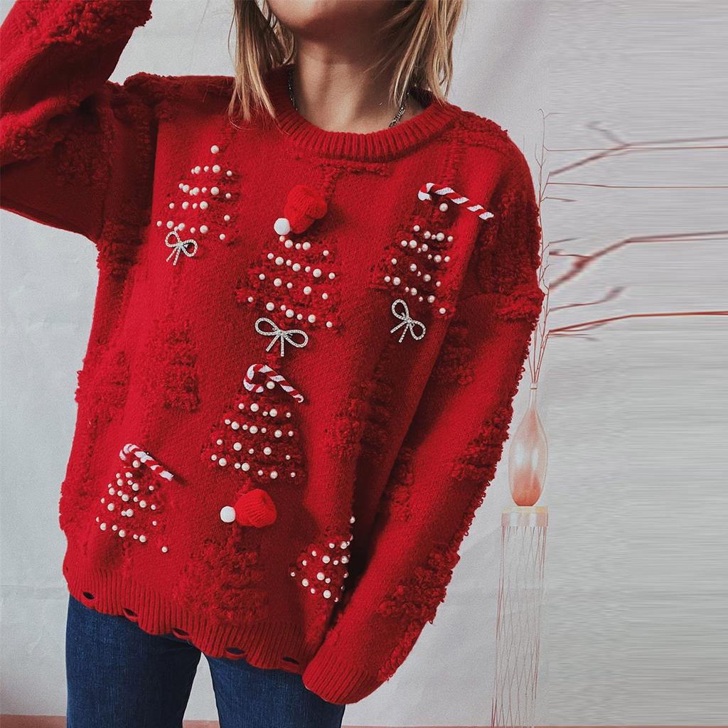 Pull de noël à manches longues et col rond pour femme, mode automne/hiver