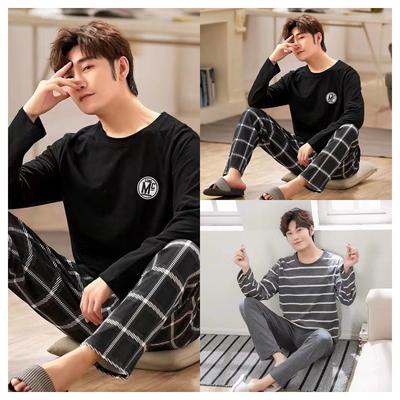Summer Men's Pyjamas  New Long-Sleeved Large Size Youth Home Wear Suit Black Plaid Trousers Two-Piece Set Can Be Worn Outsid