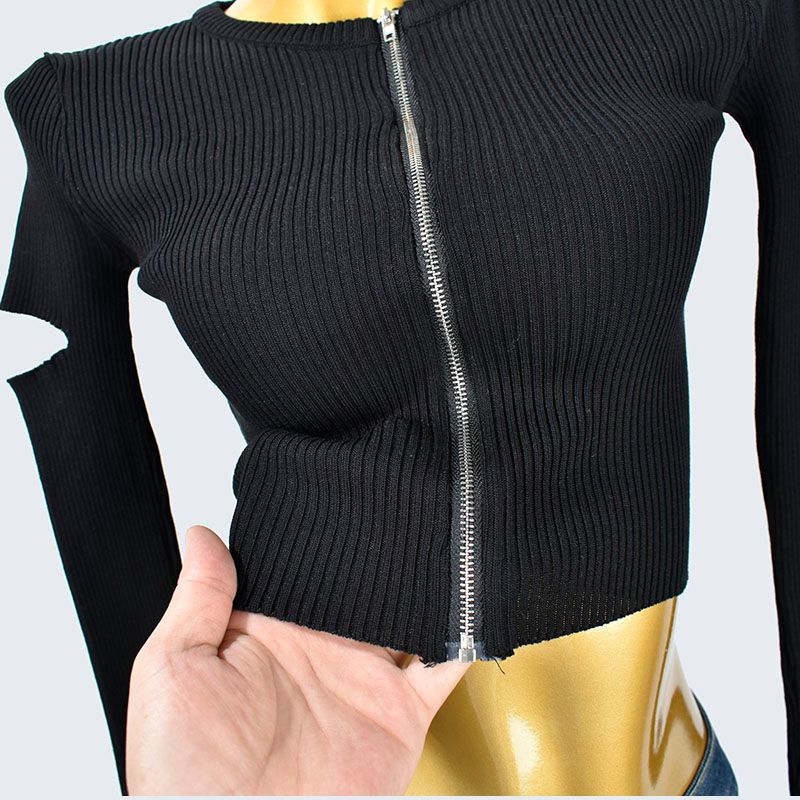 Round Neck Zipper Short Tight Long Sleeves Broken Sleeve Stylish Solid Color Rib Fabric Knitting Tops Women's Clothing Cardigan Spring Women