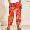 Women Plus Size Paisley Printed Teal White Loose Cropped Pants Cross Hem With Pockets