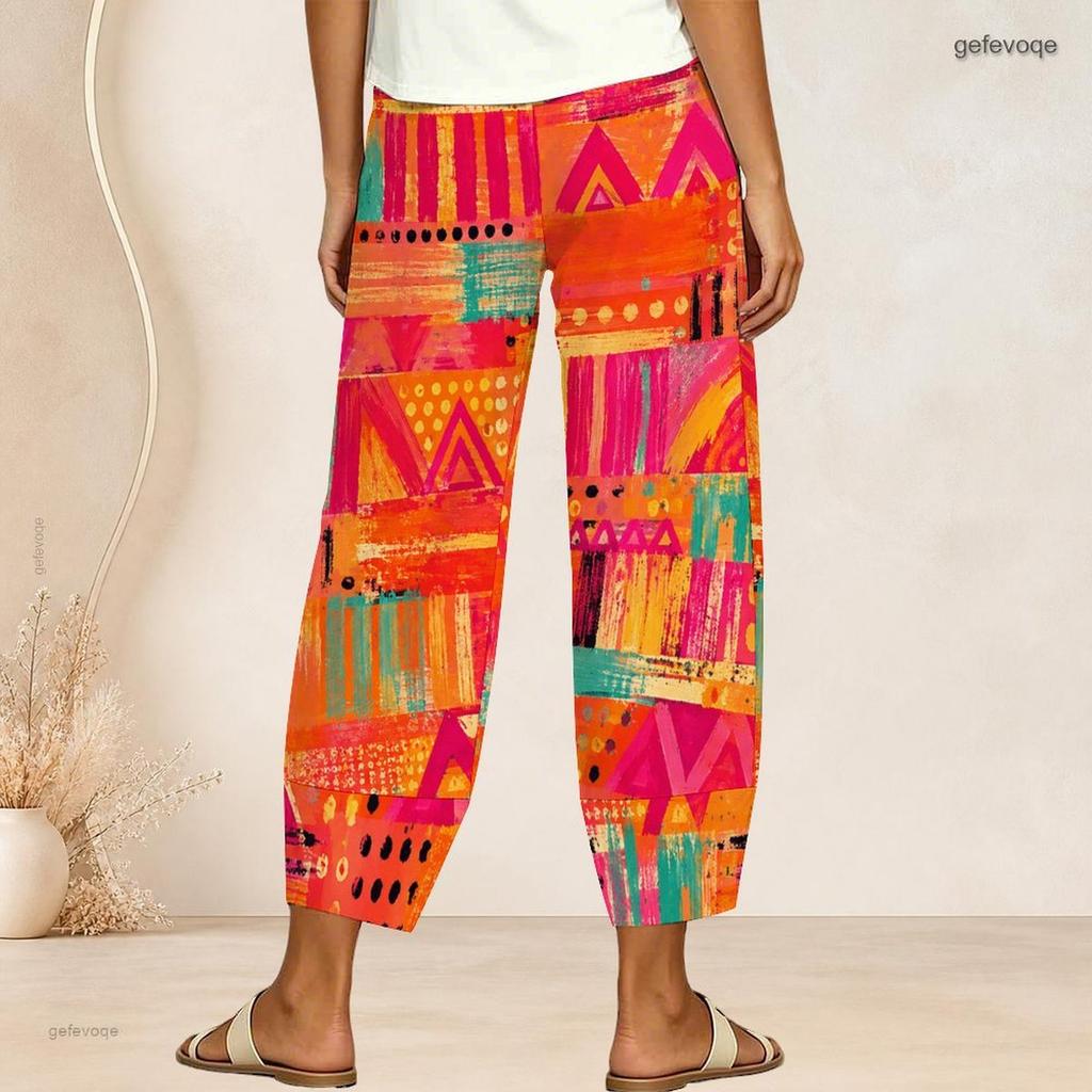 Women Plus Size Paisley Printed Teal White Loose Cropped Pants Cross Hem With Pockets