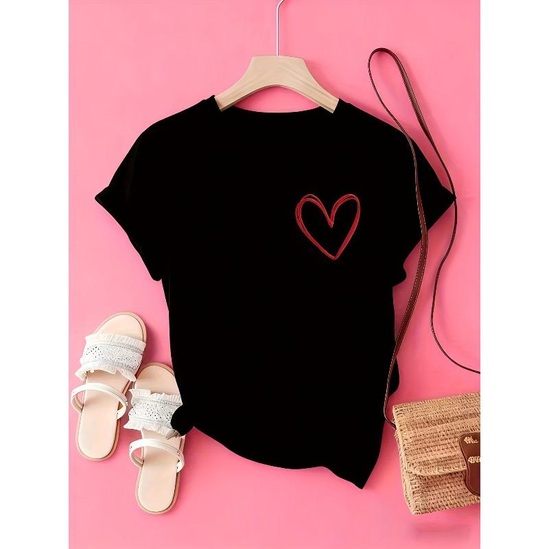 European size Women's Valentine's Day Heart Print T-Shirt - Black with Red Heart Patterns, Short Sleeve Round Neck Casual Blouse 0