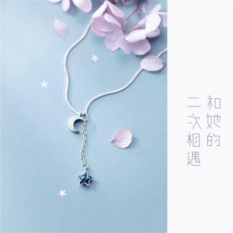 New Arrival Fresh Blue Crystal Star Temperament 925 Sterling Silver Jewelry Full Crystal Curved Moon Exquisite Necklaces XL245