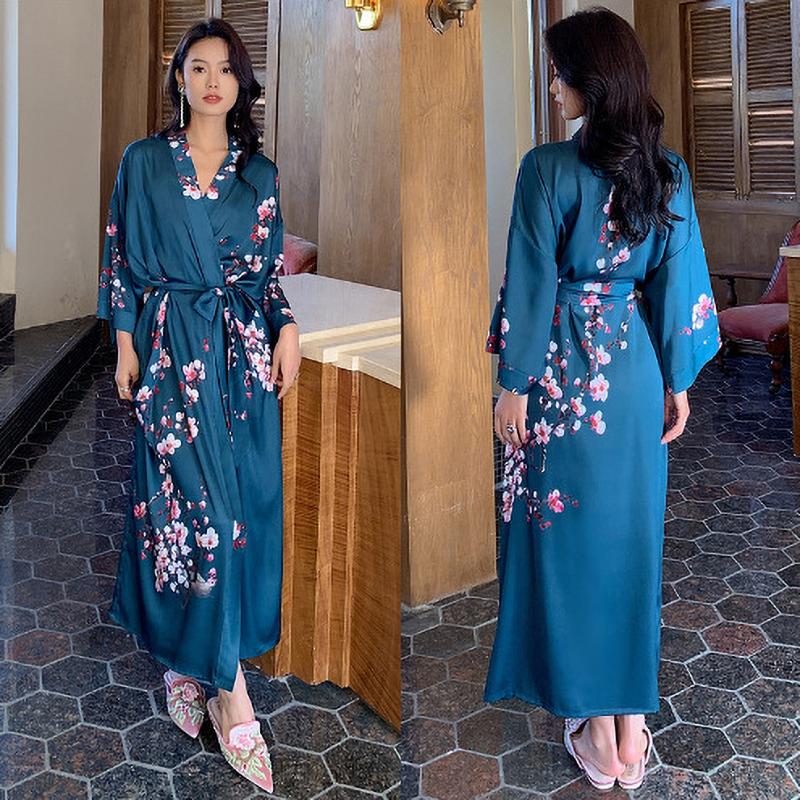 Spring Summer Long Robe Nightgown Sexy Print Flower Bathrobe Gown Casual Silk Satin Home Dress Lounge Wear