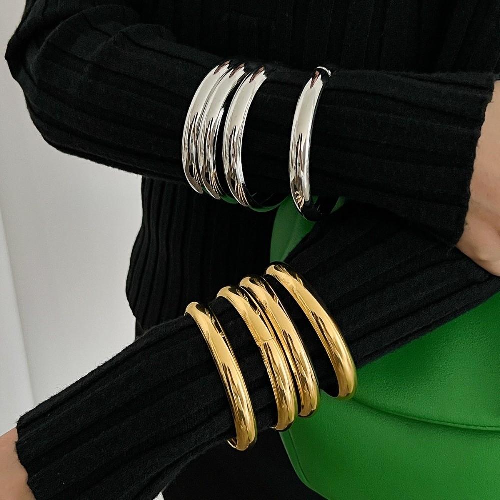 Vintage Gold Silver Color Multilayer Bangles Geometric Punk Metal Bracelets Set Round Smooth Wide Stackable Bangles Gifts