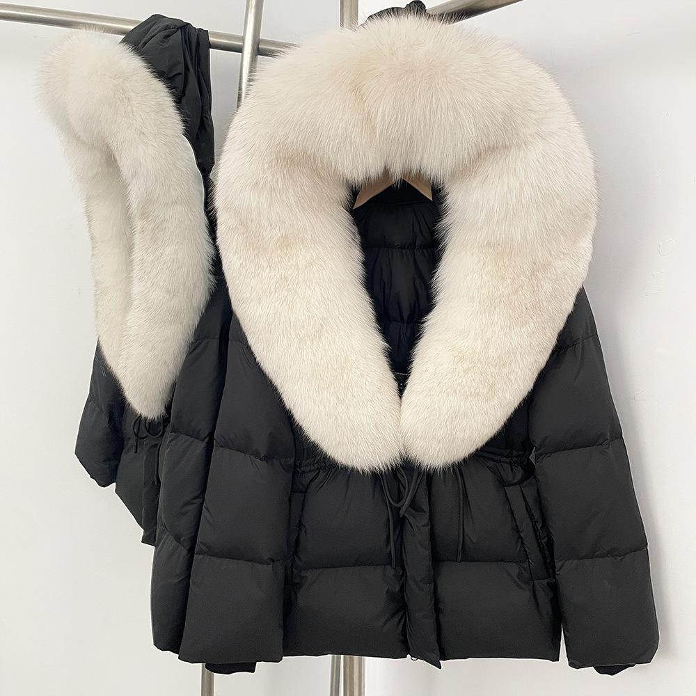 Removable oversized fox fur collar women's short down jacket women's winter new hooded waist and thin fur jacket