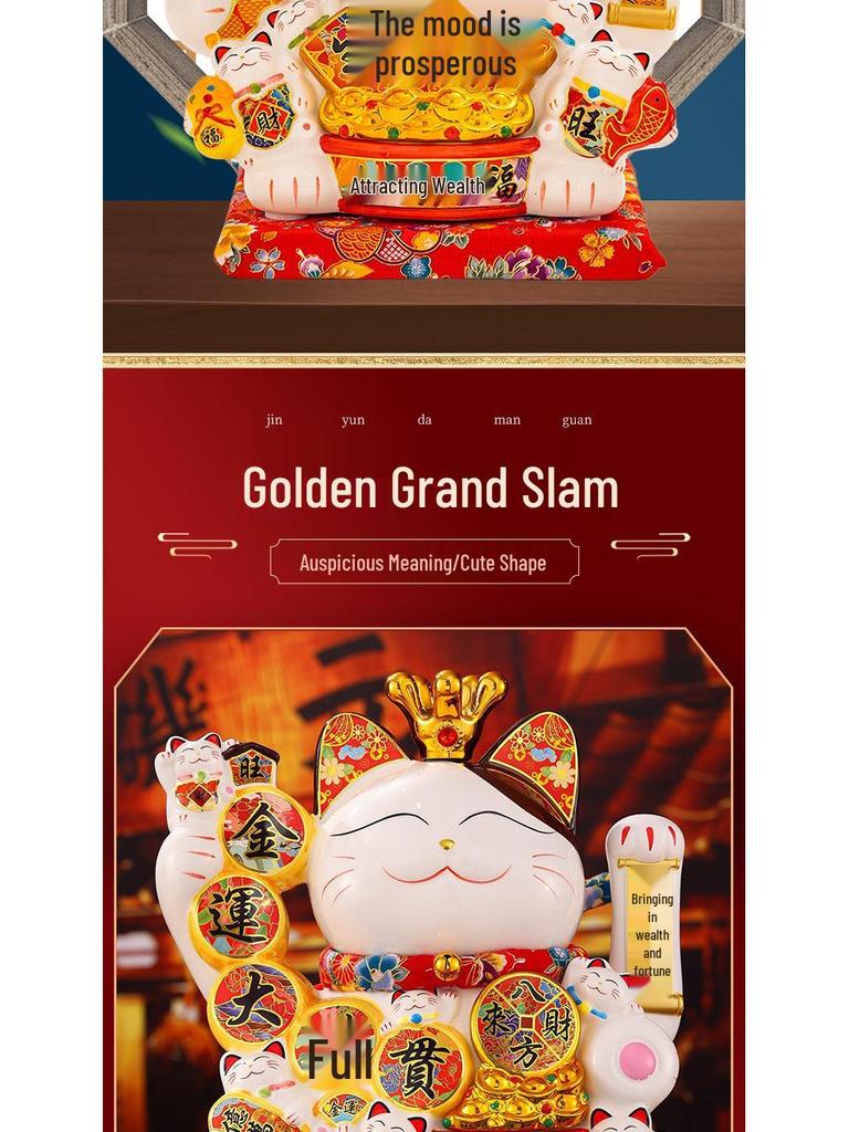 Automatic Waving Ceramic Lucky Cat Figurine - Perfect for Housewarming, Cash Register, or Living Room Decor
