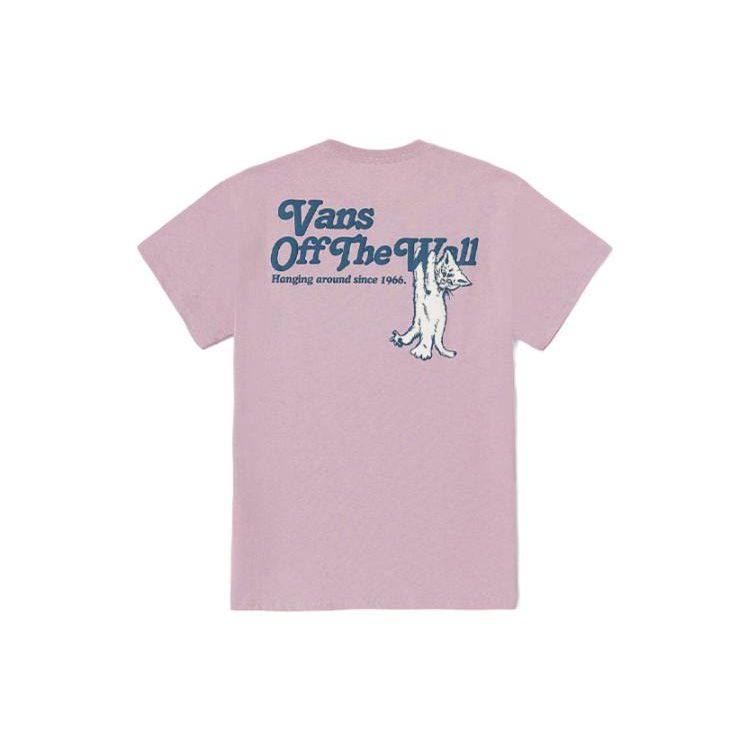 Vans Cat Print Round Neck Short Sleeve T-Shirt Women Tops Light-Purple VN0008ZJBLT