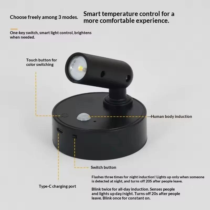 Wiederaufladbare Wandleuchte mit Bewegungssensor LED Touch-Dimmfunktion Fernbedienung 360° Drehung Nachtlichter für Heimdekoration