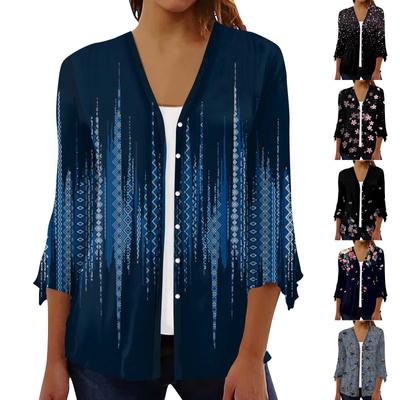 3/4 Mouw Open Voorkant Vest Voor Dames Knoopsluiting Retro Bloemen Vest Voor Jurk V-Hals Dames Tops Coverup