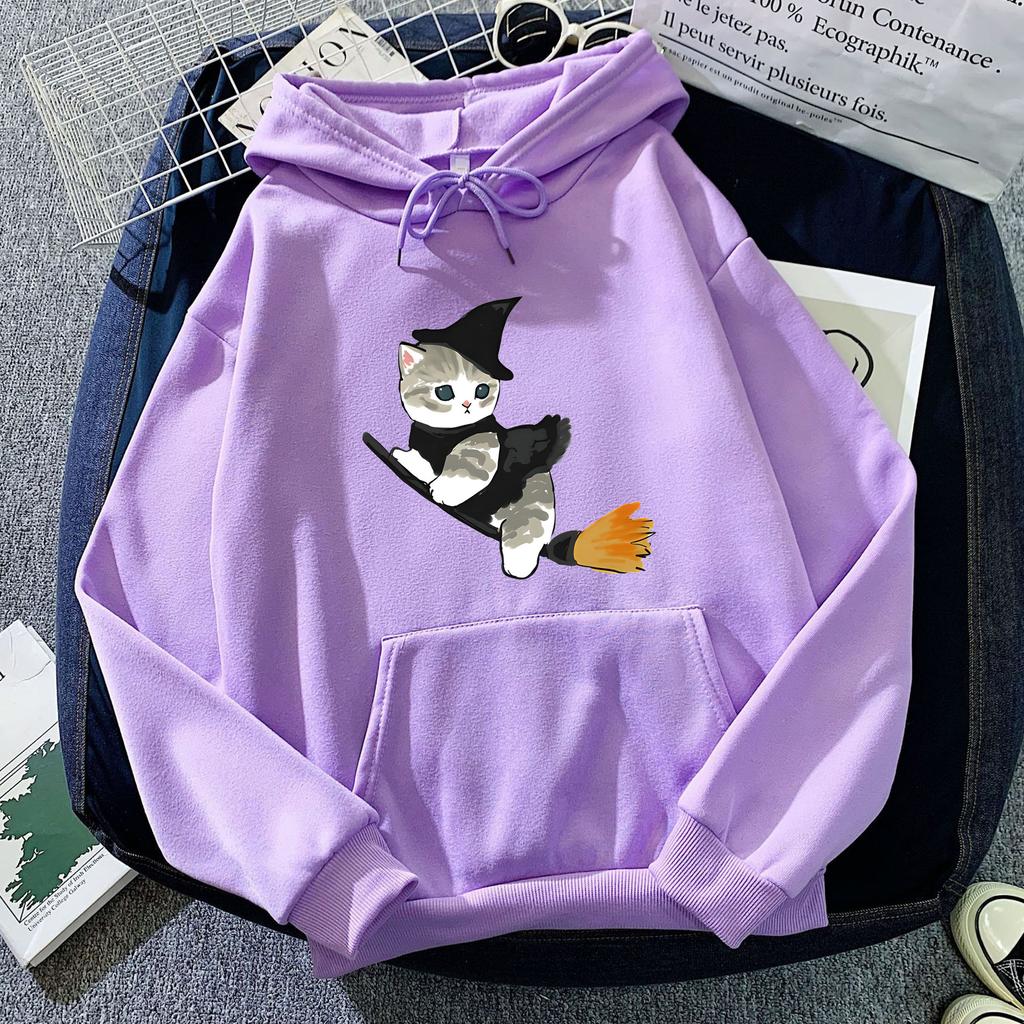 European and American Autumn and Winter Witch Cat Print Hoodie Sweatshirt for Men and Women, Korean Style Casual Tops for Couples