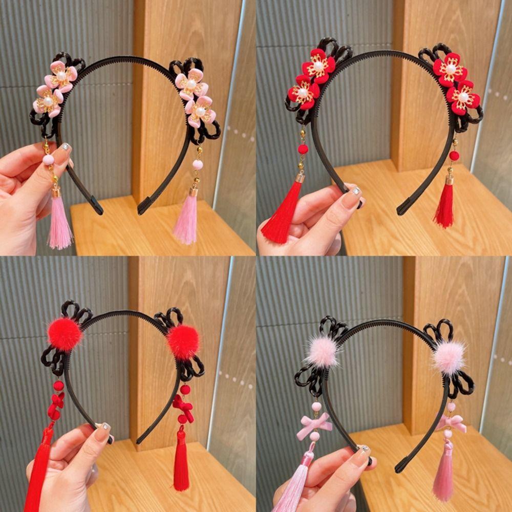 Flower Children Wig Headband Tassel Hanfu Hair Sticks Sweet Red Bow Hairband Baby