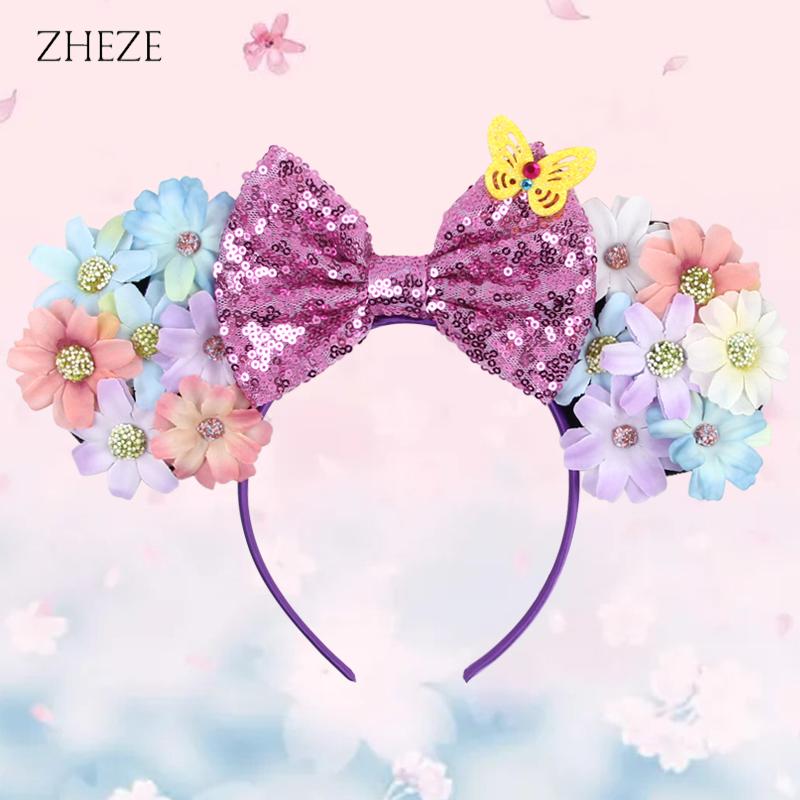 Disney Mickey Uszy Opaska z Cekinami 5" Kokarda Zamek Fajerwerki Opaska do Włosów Dla Dziewczynek Dzieci Featival Impreza DIY Akcesoria do Włosów