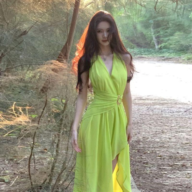

Fashion Style V-neck Halter Dress Elegant Super Fairy Chiffon Split Backless Dress Fancy Seaside Holiday Yellow S